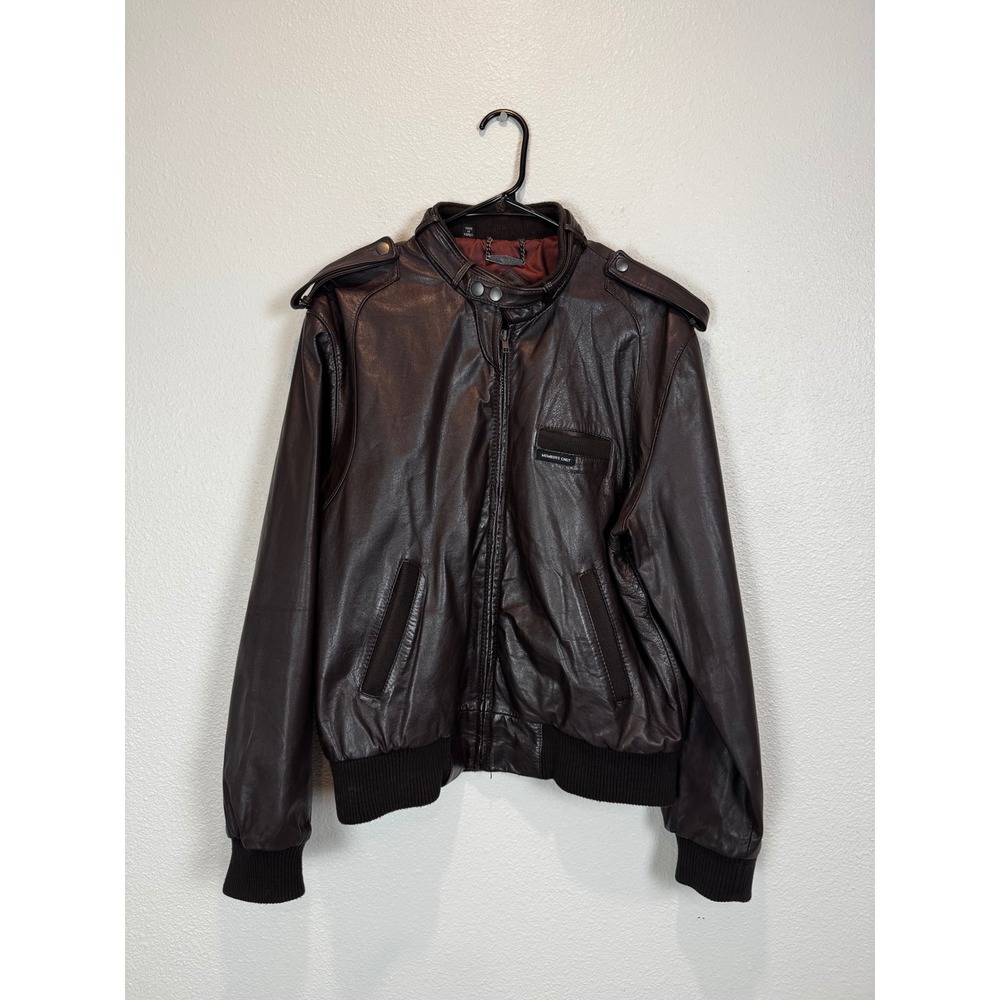 Members Only Leather Jacket Mens 42 Brown Cafe Racer Vintage Bomber Epaulettes